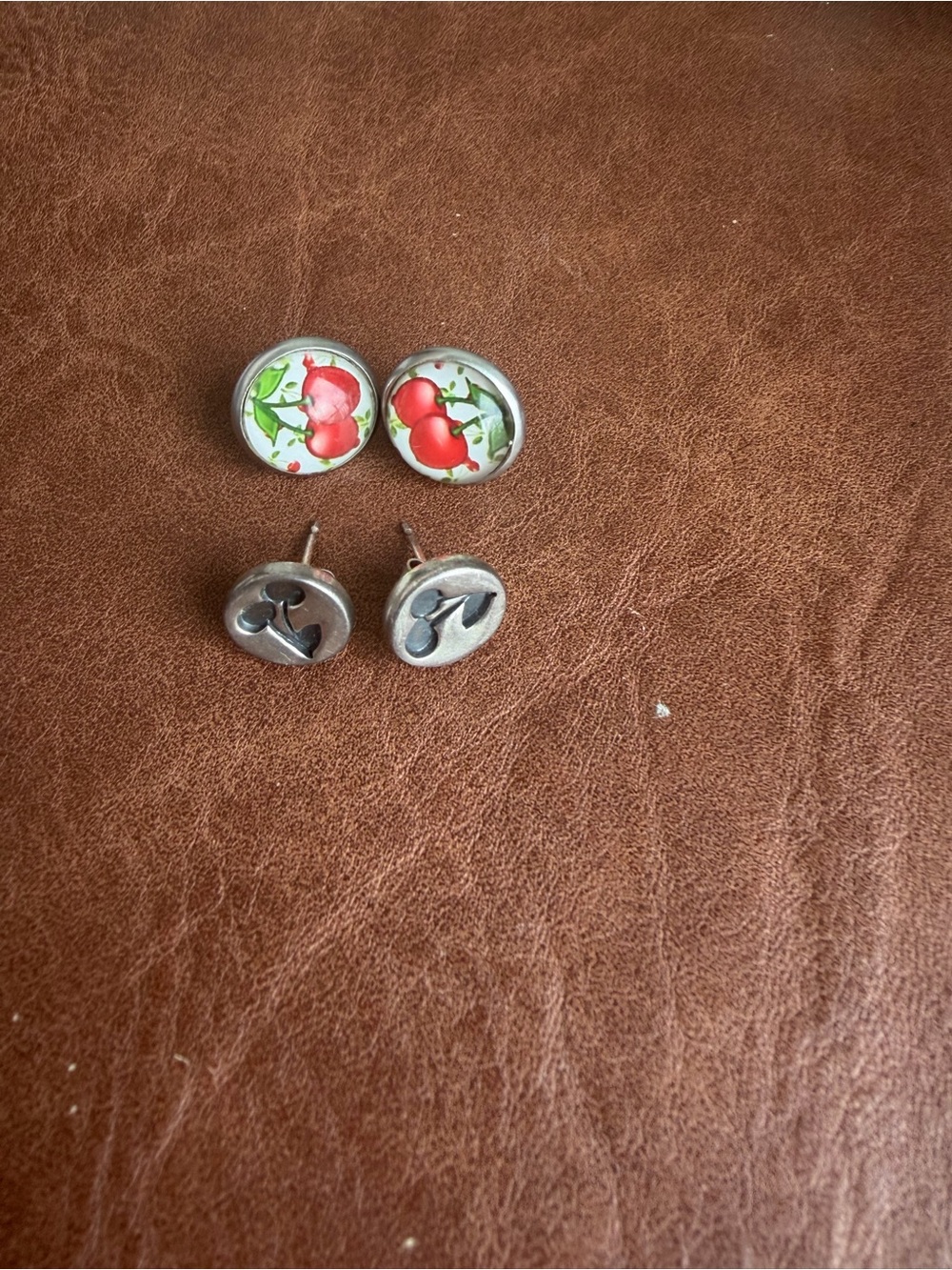 Cherry Glass Cabochon Stud Earrings - Red & Green